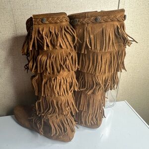 Minnetonka Brown Suede Fringe Knee-High Moccasin Boots